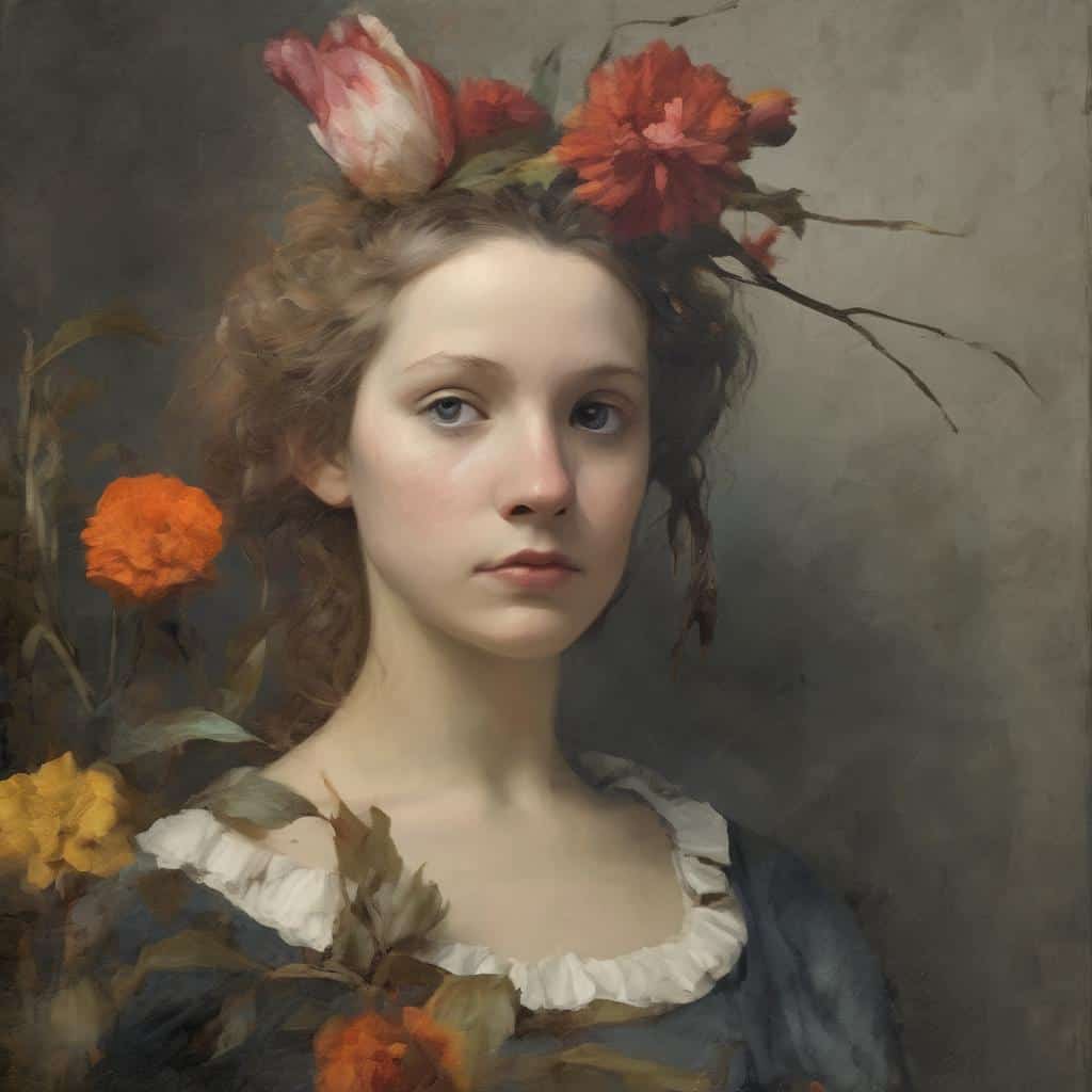 Έργο τέχνης, σύγχρονη καλλιτεχνική δημιουργία, πορτρέτο γυναίκας με λουλούδια, ρεαλιστική τέχνη, εκφραστικότητα, μοντέρνα έμπνευση.
