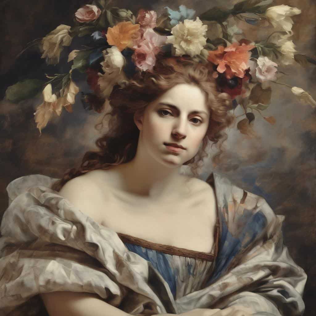 ολόσωμη εικόνα νεαρή γυναίκα με λουλούδια στον κεραίες, έργο τέχνης μοντέρνας τέχνης, σύγχρονη καλλιτεχνική δημιουργία στη σύγχρονη εποχή.