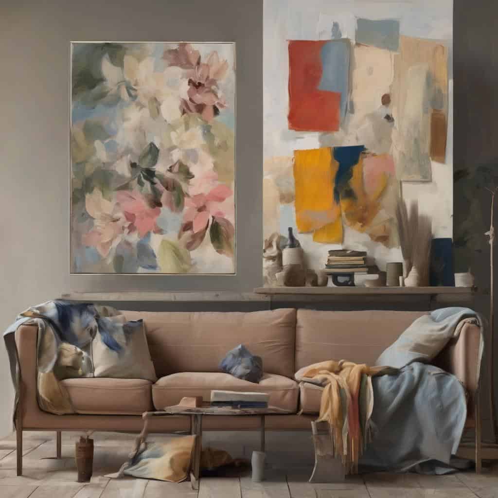 Ζωγραφικοί πίνακες σύγχρονης τέχνης με αφηρημένα και floral στοιχεία, δημιουργώντας μια καλλιτεχνική ατμόσφαιρα.